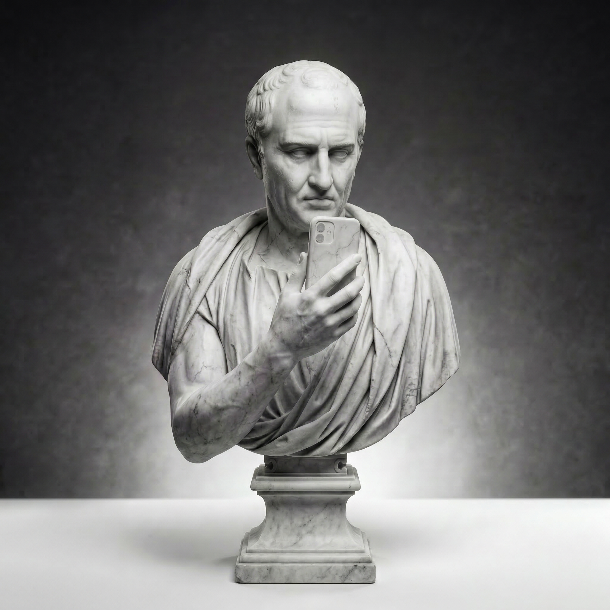 Rhetoric AI presentation coaching app — classical marble bust of Cicero holding a modern iPhone, bridging ancient rhetorical mastery with AI-powered feedback on body language, voice, and story